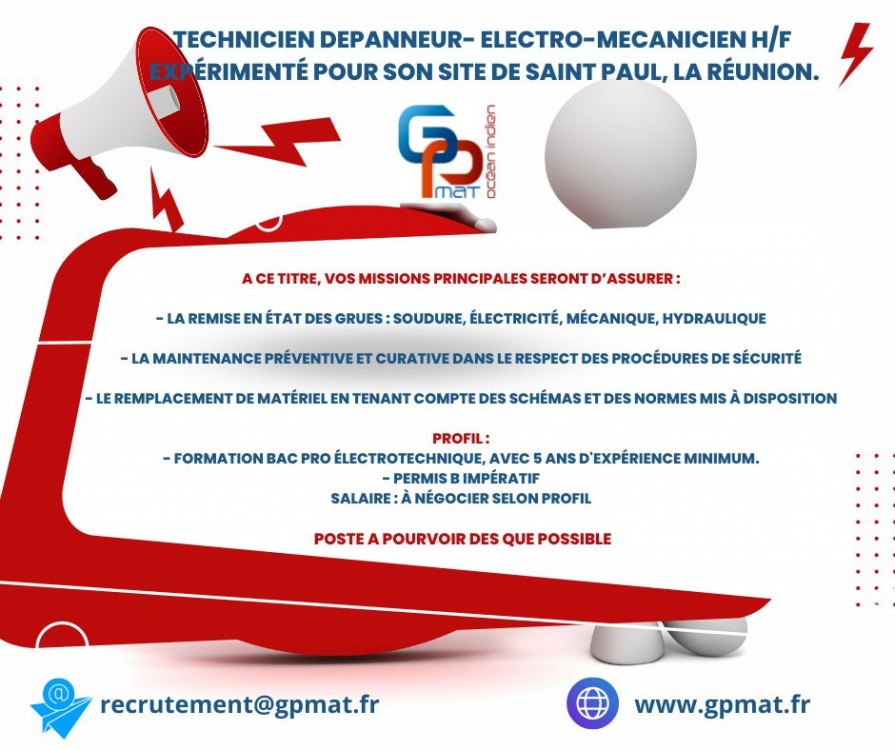 📣GP MAT OCEAN INDIEN Recrute !!  TECHNICIEN DEPANNEUR, ELECTRO-MECANICIEN 🚻 expérimenté